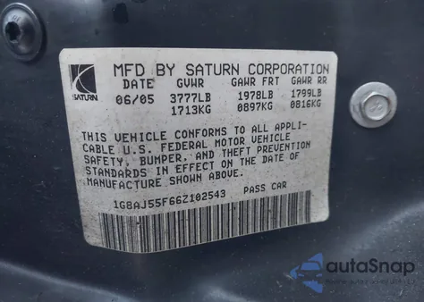 2006 Saturn Ion 2 from USA, damaged, VIN 1G8AJ55F66Z102543